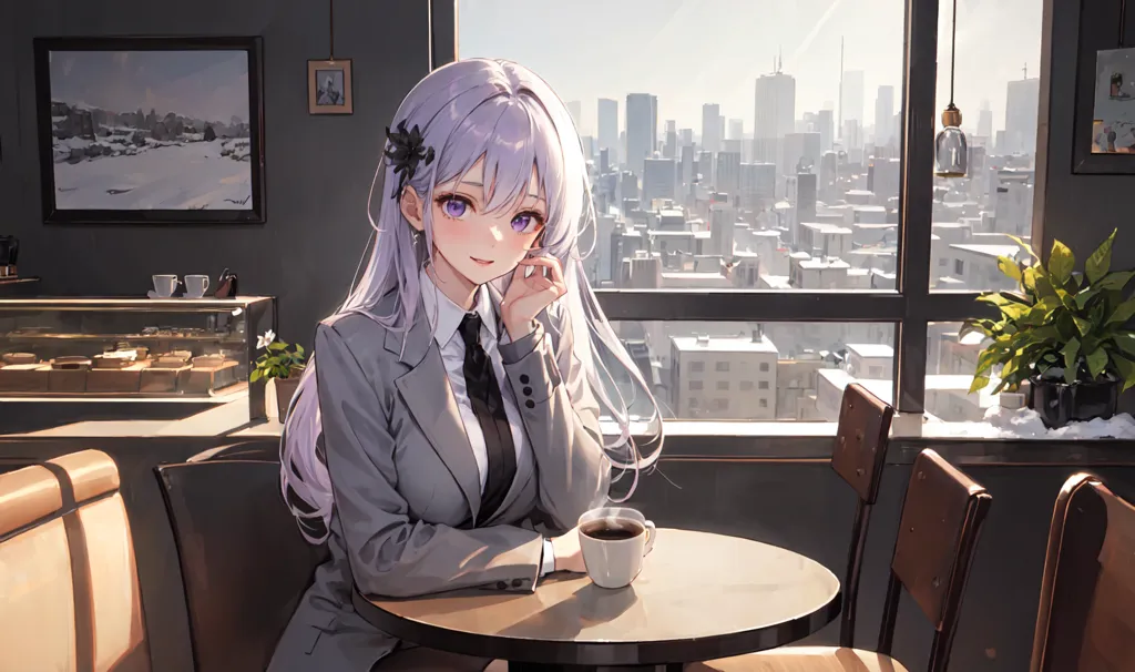 The image shows a young woman with purple hair and purple eyes. She is sitting in a cafe and looking out the window. She is wearing a white shirt, a gray suit jacket, and a tie. The cafe is decorated with pictures and plants. The woman has a cup of coffee on the table in front of her.