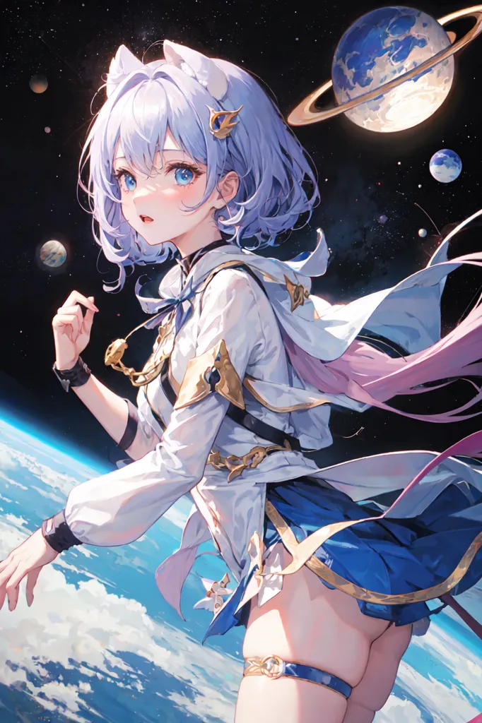 The image is an anime-style drawing of a young woman with cat ears and a futuristic outfit. She is standing in space, with a planet and a moon in the background. The woman is wearing a white and blue outfit with a short skirt and a long cape. She has blue hair and pink eyes, and she is looking at the viewer with a surprised expression.