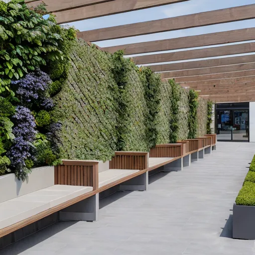 The image shows a green wall with a seating area in front of it. The green wall is made of plants and covers the entire wall. The seating area has five benches made of wood with white cushions. The benches are arranged in a row, with each bench facing the green wall. The floor is made of stone tiles. There is a wooden pergola above the seating area, with a climbing plant growing on it.