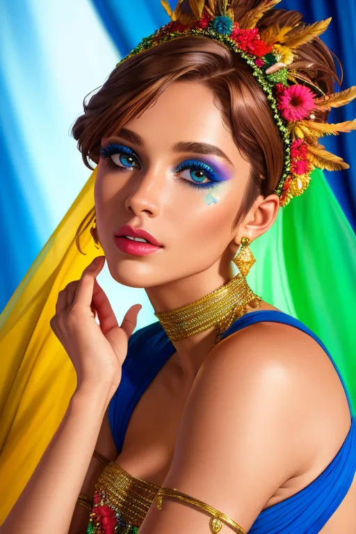 This image shows a young woman, with blue eyes and brown hair, wearing a blue and gold bikini top and a yellow skirt. She has a gold necklace and earrings, and a large gold headpiece with flowers and feathers. She is standing in front of a blue and green background, and she is looking at the camera with a serious expression.