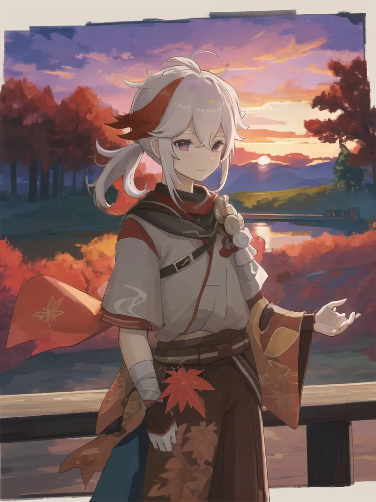 The image is of a young boy with white hair and red eyes. He is wearing a white and red kimono with a maple leaf pattern. He is standing in a forest of red maple trees. The sun is setting in the background. The boy is looking at the viewer with a sad expression on his face.