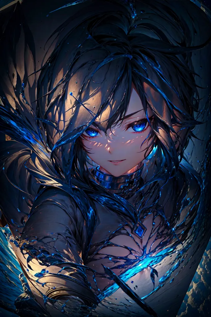 Esta imagem é de uma garota em estilo anime com cabelos longos e ondulados pretos e olhos azuis. Ela está usando um macacão azul-escuro com um colarinho alto e um cristal azul no peito. Seu cabelo está molhado e pingando, e há respingos de água ao redor dela. Ela tem uma expressão séria no rosto. O fundo é escuro e tempestuoso, com nuvens escuras e relâmpagos.