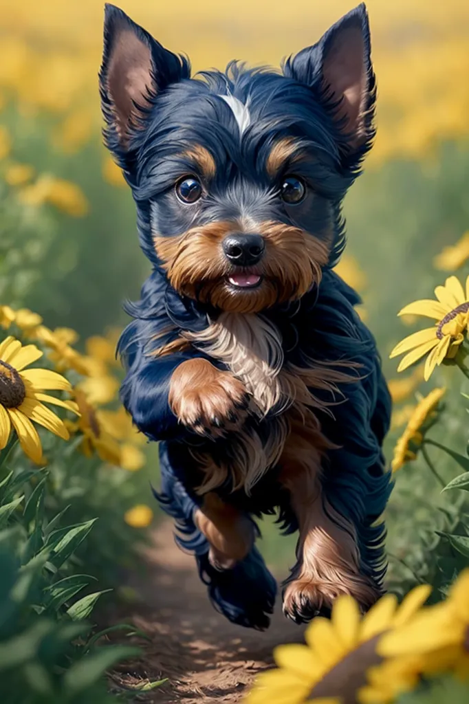 The image shows a small dog with long black and tan fur running through a field of yellow sunflowers. The dog has a white patch of fur on its chest and a white spot on its forehead. It is looking at the camera with a happy expression on its face. The dog's tail is wagging and its ears are perked up. The background of the image is blurred and consists of green grass and yellow sunflowers.