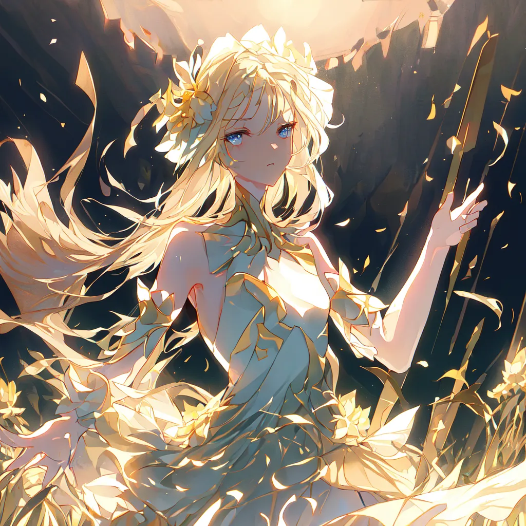 The image is a painting of a beautiful woman with long, flowing blonde hair and blue eyes. She is wearing a white dress with a yellow flower pattern and has a yellow flower in her hair. She is standing in a field of yellow flowers and is surrounded by a soft, golden light. The image is very detailed and the artist has used a variety of techniques to create a realistic and lifelike image.