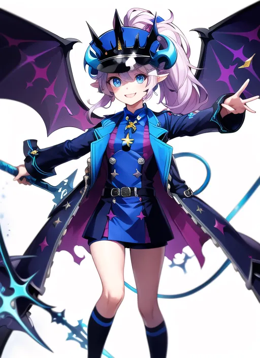 La imagen es de una niña joven con el cabello largo blanco y azul, ojos azules y cuernos de diablo. Lleva un uniforme militar de color azul y morado con falda y sombrero. También tiene un par de alas azules y moradas. Está sonriendo y tiene la mano izquierda levantada en el aire. En su mano derecha, sostiene un arma de algún tipo.