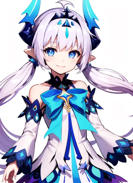 L'image montre une fille de style anime aux longs cheveux blancs et aux yeux bleus. Elle porte une robe blanche et bleue avec un grand nœud bleu sur la poitrine. Elle a deux cornes bleues sur la tête et deux longues oreilles pointues. Elle sourit et a une expression amicale sur le visage. L'arrière-plan est blanc et il y a une petite étoile bleue sur le côté droit de l'image.