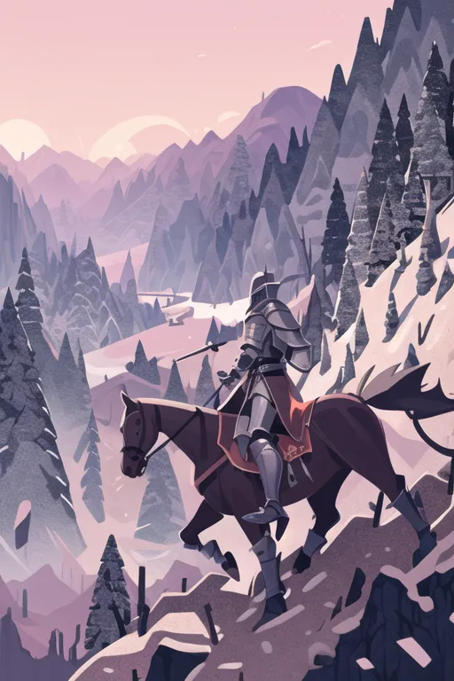 A knight in grey armor is riding a brown horse down a steep mountainside. The knight is wearing a red cape. The horse is wearing a saddle and bridle. The background is a mountain range with snow on the peaks. The sky is a light pink color.