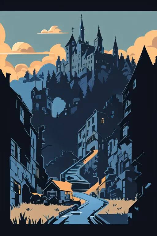 L'image est une illustration vectorielle d'une ville avec un château sur une colline. La ville est située dans une vallée et est entourée de montagnes. Le château est grand et imposant, et il domine la skyline. La ville est composée de petites maisons étroitement regroupées, et il y a une rivière qui la traverse. Le ciel est nuageux et il y a une légère brume dans l'air. L'image est réalisée dans une palette de bleus et de bruns, et elle a une ambiance plutôt sombre et morose.