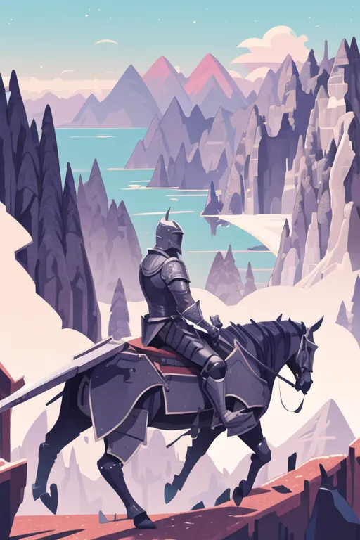 The image is of a knight in armor riding on a horse. The knight is wearing a full suit of armor, including a helmet with a visor. The horse is also wearing armor. The knight is riding on a cliff edge, and there is a mountain range in the background. The mountains are covered in snow. There is a lake in the foreground. The sky is blue, and there are some clouds in the sky.