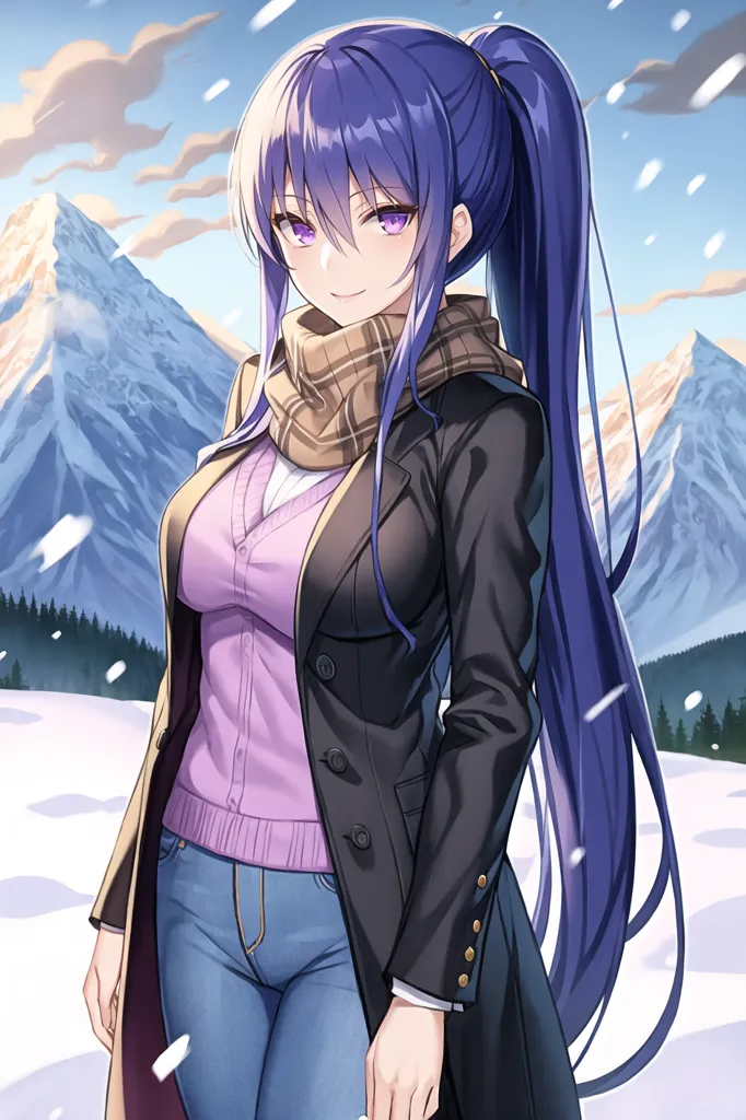 The image shows a young woman with purple hair and purple eyes. She is wearing a white turtleneck blouse, a brown scarf, and a black coat. She is also wearing blue jeans. The woman is standing in a snowy landscape. There are mountains in the background. The sky is blue and there are some clouds. The woman is smiling.