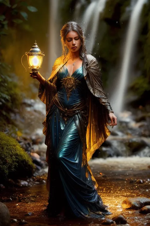 A imagem é de uma mulher em pé em um riacho. Ela está usando um vestido azul com um corpete dourado. Ela tem uma lanterna na mão. A água está fluindo sobre seus pés. Há uma cachoeira ao fundo. A mulher está olhando para o lado. Ela tem cabelos loiros longos e olhos azuis. Ela está usando um colar e brincos. A imagem é muito detalhada e realista.