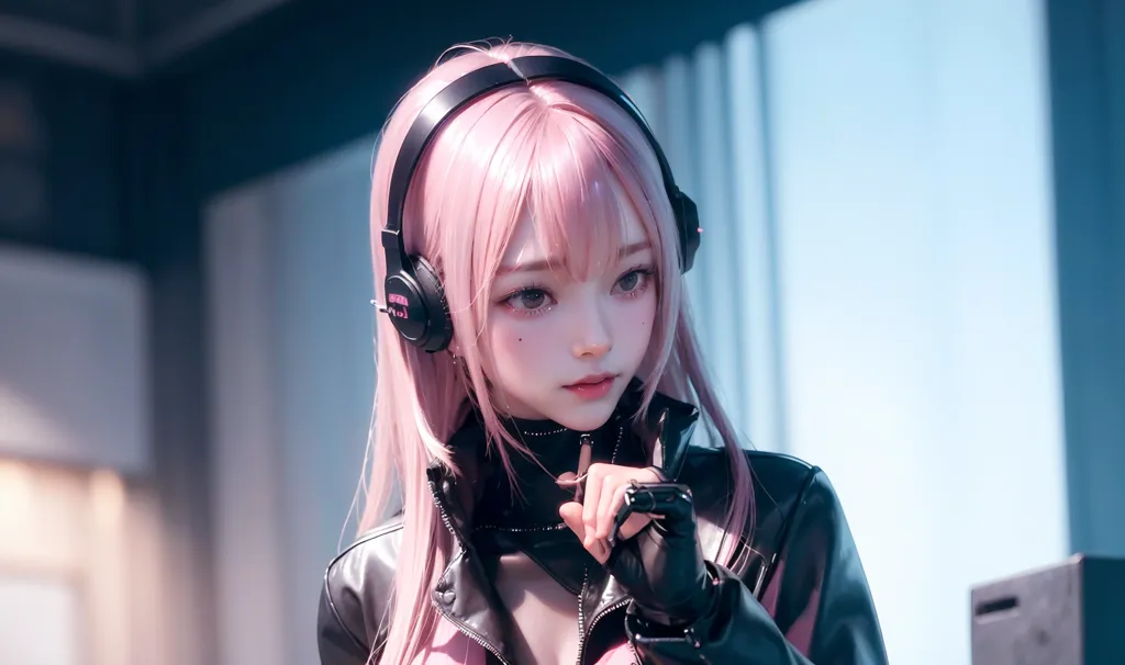 The image shows a young woman with pink hair and black headphones. She is wearing a black leather jacket and a pink top. She is looking to the right of the frame with a thoughtful expression on her face. She has a small smile on her face. The background is a blurred blue.