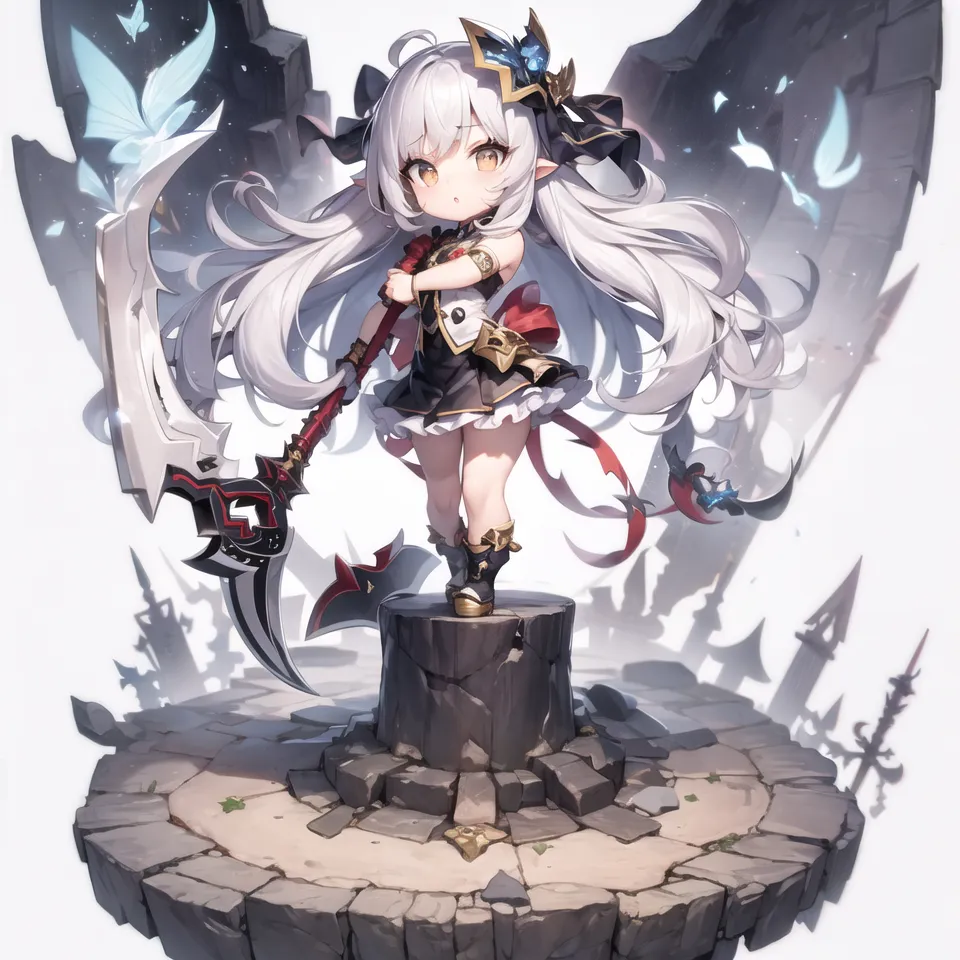 La imagen es de un personaje chibi con el cabello blanco y los ojos amarillos. Lleva un vestido negro y rojo con un cuello blanco y un lazo negro en el cabello. También lleva botas negras con acentos rojos. Está de pie sobre un pedestal de piedra y sostiene una gran guadaña en su mano derecha. Hay mariposas azules a su alrededor. El fondo es gris oscuro con un círculo blanco en el centro.