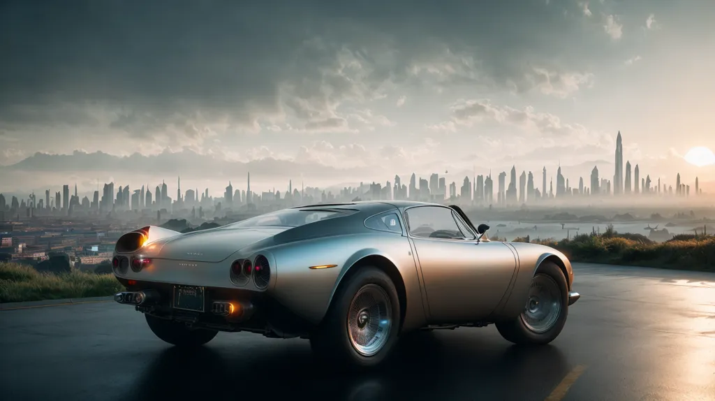 A silver sports car is parked on an asphalt road with a futuristic city in the background. The car is sleek and has a long hood. The city is made up of tall buildings and skyscrapers, with the sun rising or setting behind it. The sky is cloudy and there is a hint of fog in the air.