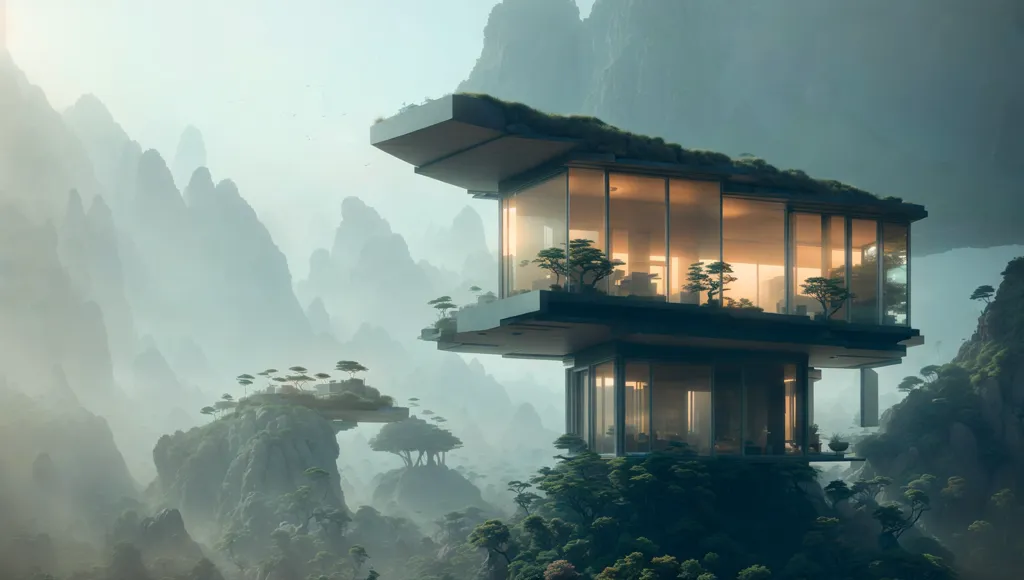 The image is a beautiful landscape of a house in the mountains. The house is made of glass and steel and has a modern design. It is surrounded by lush greenery and has a stunning view of the mountains. The image is very peaceful and serene.