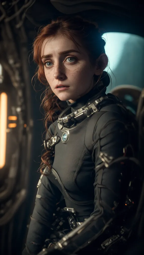 Ceci est une image d'une jeune fille dans une combinaison spatiale. Elle a les cheveux roux et les yeux bleus et semble être dans la vingtaine. Elle se tient dans un vaisseau spatial, et il y a une ville futuriste en arrière-plan. La fille porte une combinaison spatiale noire avec un col bleu. Elle a une arme à la main et elle semble prête au combat.