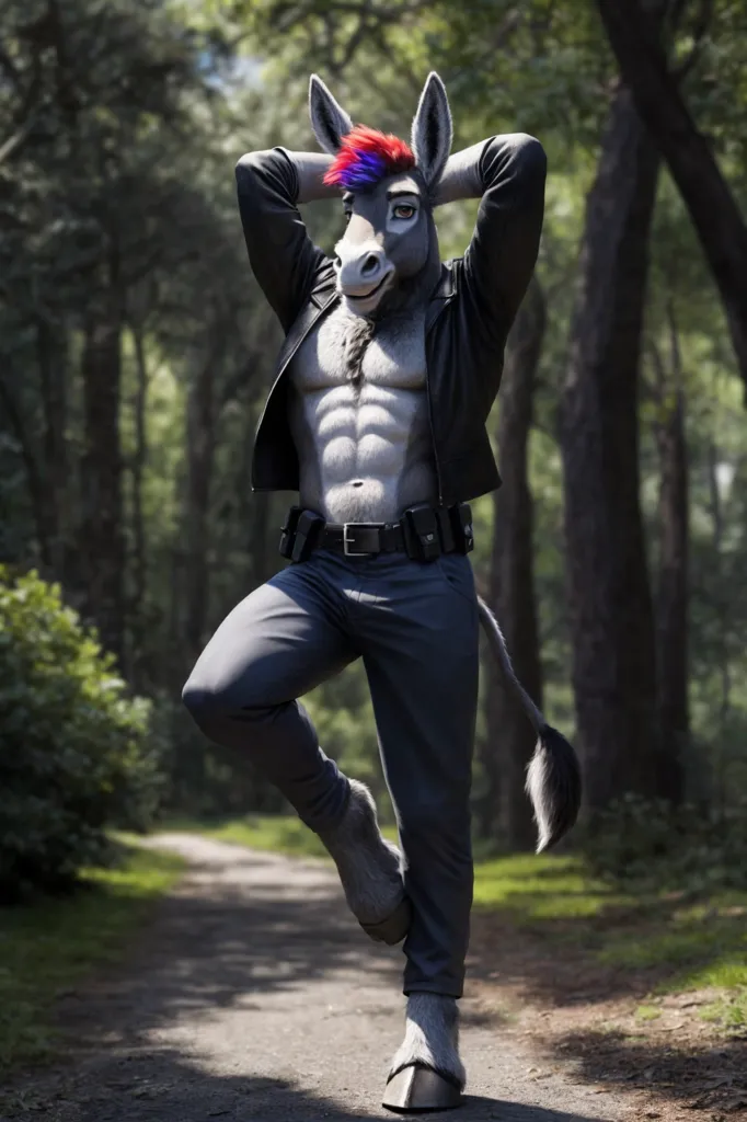 The image is of a muscular donkey wearing a black leather jacket and blue jeans. He is standing in a forest clearing, with one hand on his hip and the other holding his hat. He has a confident expression on his face.