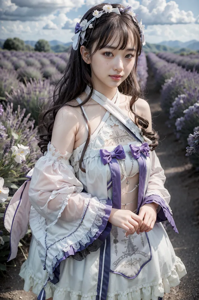 The image shows a young woman standing in a field of lavender. She is wearing a white dress with a purple sash and a large purple bow on her chest. Her long brown hair is flowing in the wind and she has a gentle smile on her face. The background is a blur of purple lavender flowers and green grass. The overall effect is one of beauty and tranquility.