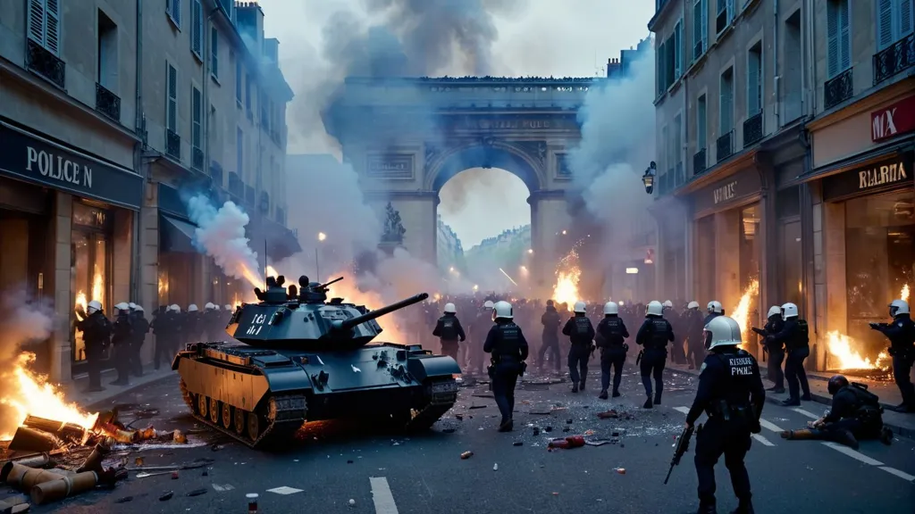 A scene of urban warfare. A tank is advancing down a street, firing its main gun. There are explosions and fires all around. The sky is filled with smoke. People are running and screaming. The scene is one of chaos and destruction.