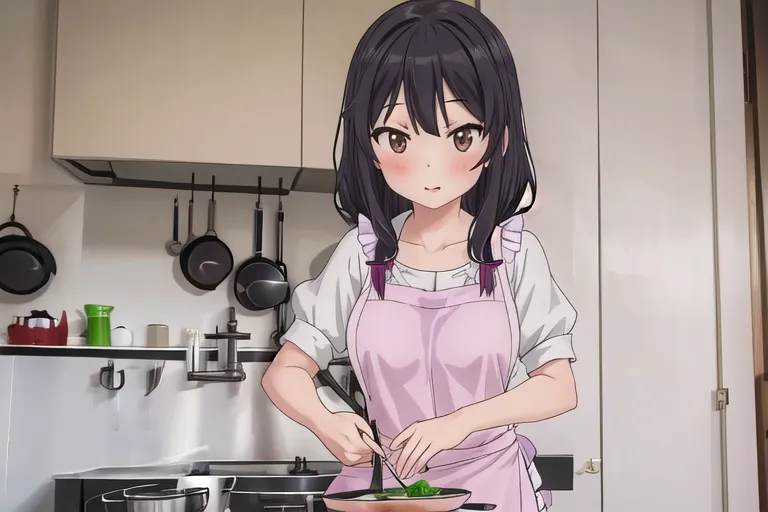 A young woman with long black hair is cooking in a kitchen. She is wearing a white shirt, a pink apron, and a black skirt. She is holding a spatula and is stirring a pan of food. There are several pots and pans hanging on the wall behind her.