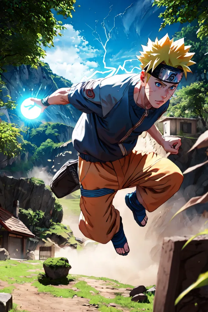 The image is of a young boy named Naruto Uzumaki from the anime series Naruto. He is standing in a forest setting, wearing an orange jumpsuit and a blue jacket. He has a headband with a leaf symbol on it, indicating that he is a ninja from the Hidden Leaf Village. He is also wearing a backpack and has a kunai pouch on his leg. He has a serious expression on his face and seems to be ready for battle. In his right hand, he is holding a rasengan, which is a powerful ball of chakra that can be used to attack opponents.