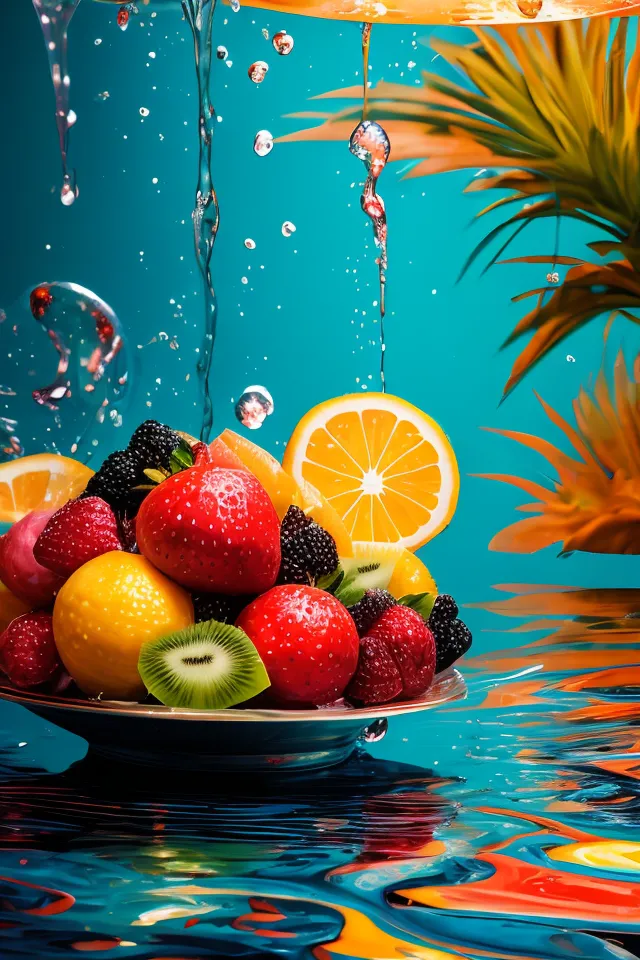 There is a bowl of fruit sitting on a table. Water is being poured over the fruit from above. There are strawberries, blackberries, and orange slices. The fruit is very colorful. The background is blue and green. There is a palm leaf in the background.