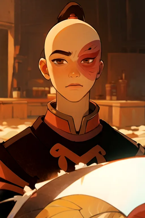 The image is of Zuko, a character from the animated television series Avatar: The Last Airbender. He is a young man with pale skin, black hair, and a red mark on his left eye. He is wearing a red and black outfit and has a determined expression on his face. He is standing in a kitchen, and there is a plate of food on the table in front of him.