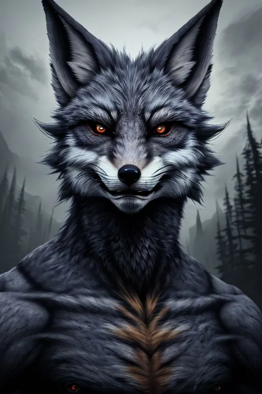 The image shows a muscular anthropomorphic wolf. It has grey fur with a white belly and orange markings on its chest and face. Its eyes are glowing red and it has sharp teeth. It is standing in a dark forest and is looking at the viewer with a fierce expression.