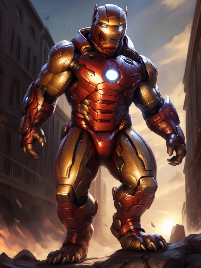 The image shows a superhero wearing a red and gold suit of armor. The superhero is standing in a city, and there are buildings and ruins in the background. The superhero is looking at the viewer with a determined expression on his face.