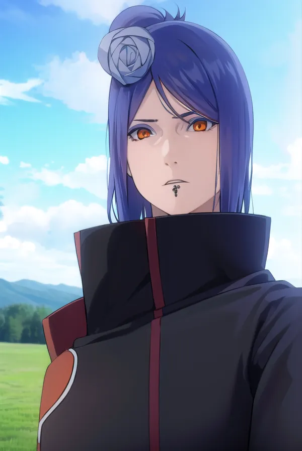 This image shows a kunoichi from the anime series Naruto. She has purple hair, orange eyes, and a rose in her hair. She is wearing a black Akatsuki cloak with a red cloud design. She has a serious expression on her face.