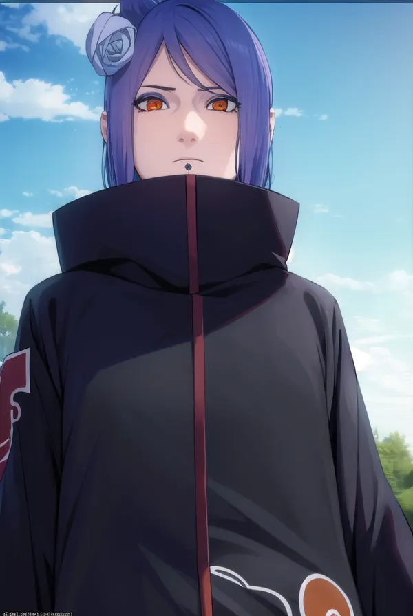 This image shows a kunoichi from the anime series Naruto. She is wearing a black Akatsuki cloak with a red cloud design. Her hair is purple and she has orange eyes. She is looking at the viewer with a serious expression.