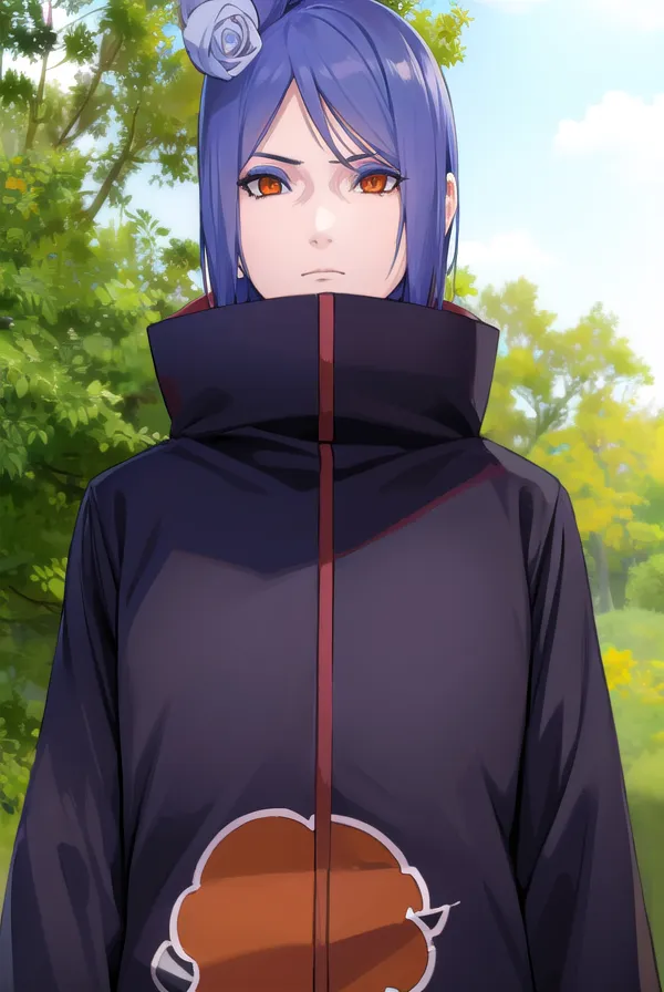 This image shows a kunoichi from the anime series Naruto. She is wearing a black Akatsuki cloak with a red cloud on the back. Her hair is blue and she has orange eyes. She is standing in a forest and looking at the viewer with a serious expression.