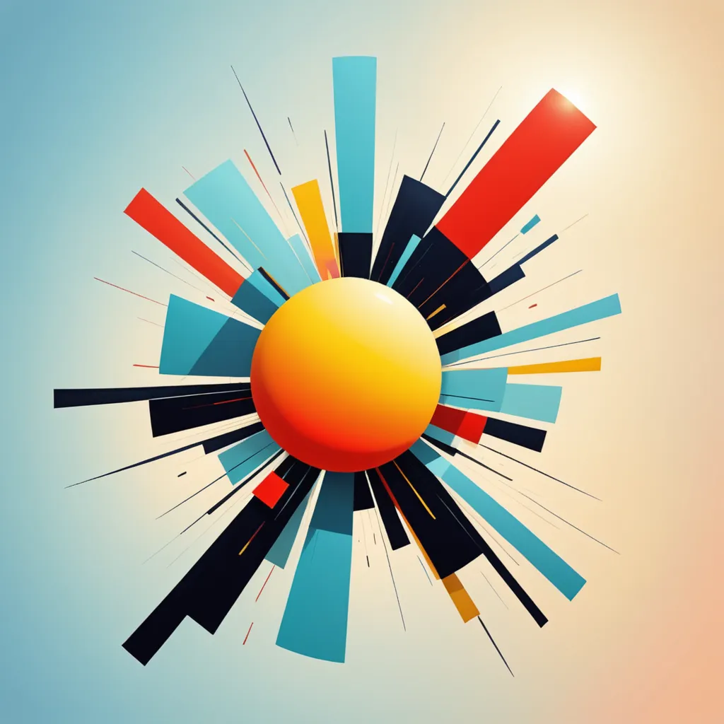 This is an abstract image of a stylized sun. The sun is depicted as a large yellow circle. It has bright red, blue, and black rays extending outward from it in all directions. The background is a pale blue color.