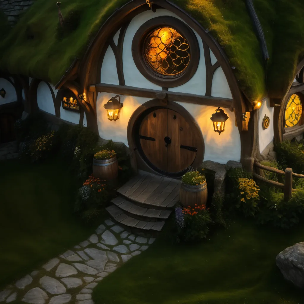 The image is a digital painting of a hobbit hole. The hobbit hole is a round, underground home with a green roof. It has a wooden door and a round window. There are two lanterns on either side of the door. The hobbit hole is surrounded by flowers and plants. There is a stone path leading up to the hobbit hole. The image is warm and inviting.