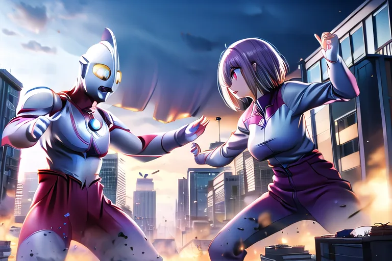 The image shows a battle between two characters. One is a giant silver and red Ultraman, and the other is a young woman with pink hair and a white and purple outfit. They are fighting in a city, with buildings and cars in the background. The Ultraman is punching the woman, and she is blocking the punch with her arm. The woman is also surrounded by a pink energy shield.