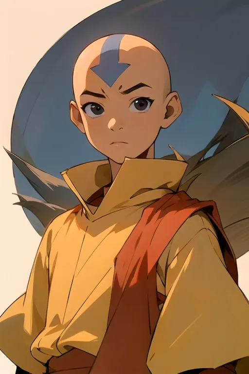 The image is a painting of Aang, a character from the animated television series Avatar: The Last Airbender. He is a young boy with brown eyes and a bald head, and he is wearing the traditional orange and yellow robes of an Air Nomad. He has a serious expression on his face, and he is standing in front of a blue and white background.