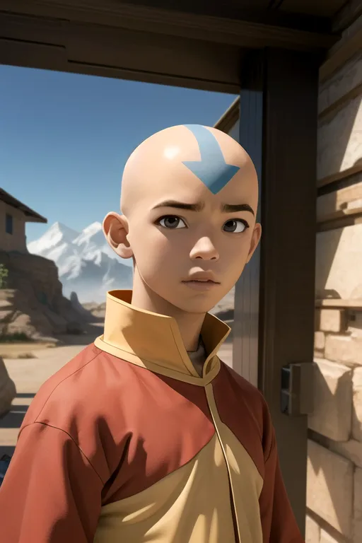 The image is a realistic rendering of Aang, a character from the animated television series Avatar: The Last Airbender. He is a young boy with brown eyes and a bald head, except for an arrow-shaped marking on his forehead. He is wearing an orange and yellow jacket and a blue undershirt. He is standing in a doorway, with a blurred background of a mountainous landscape.