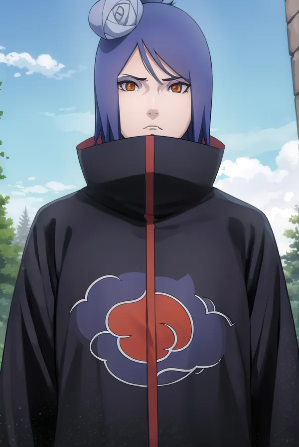 This image shows a kunoichi from the anime series Naruto. She is wearing a black cloak with a red cloud on the back. Her hair is blue and she has orange eyes. She is looking at the viewer with a serious expression.