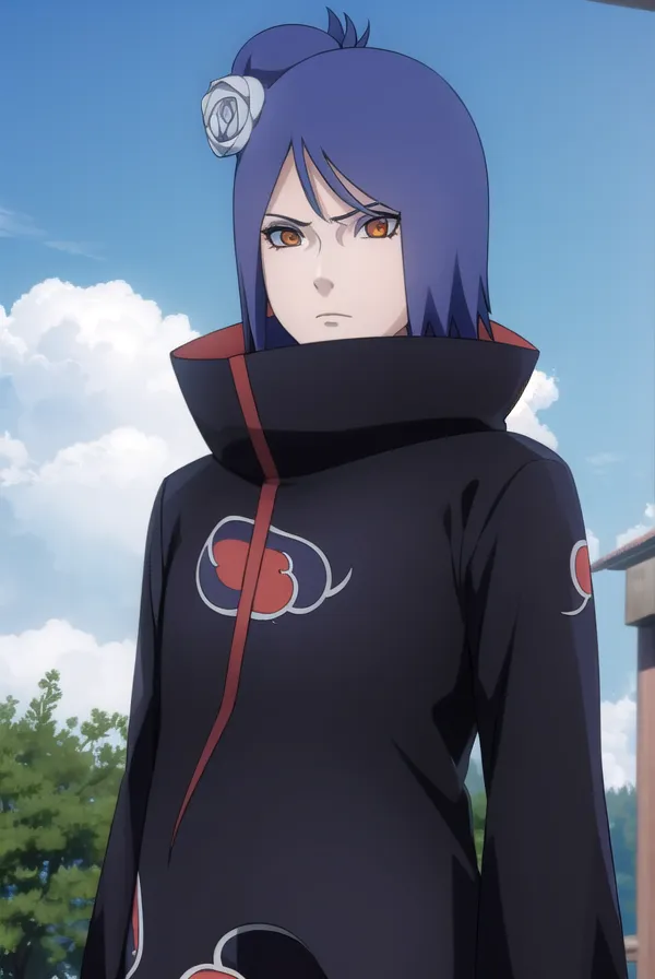 This image shows a kunoichi from the anime series Naruto. She is wearing a black Akatsuki cloak with a red cloud design on the back. Her hair is blue and she has brown eyes. She is standing in a forest and looking to the left with a serious expression on her face.