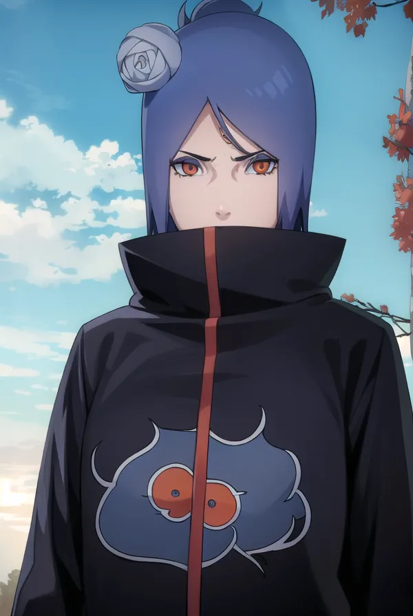 This image shows a kunoichi from the anime series Naruto. She has blue hair, red eyes, and a white rose in her hair. She is wearing a black jacket with a red cloud on the back. She has a serious expression on her face.