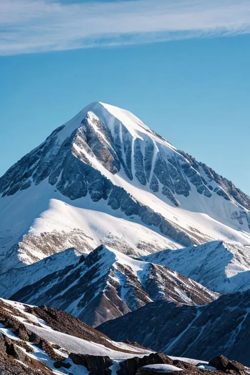 A snow-capped mountain peak rises into the clear blue sky. The mountain is covered in snow.