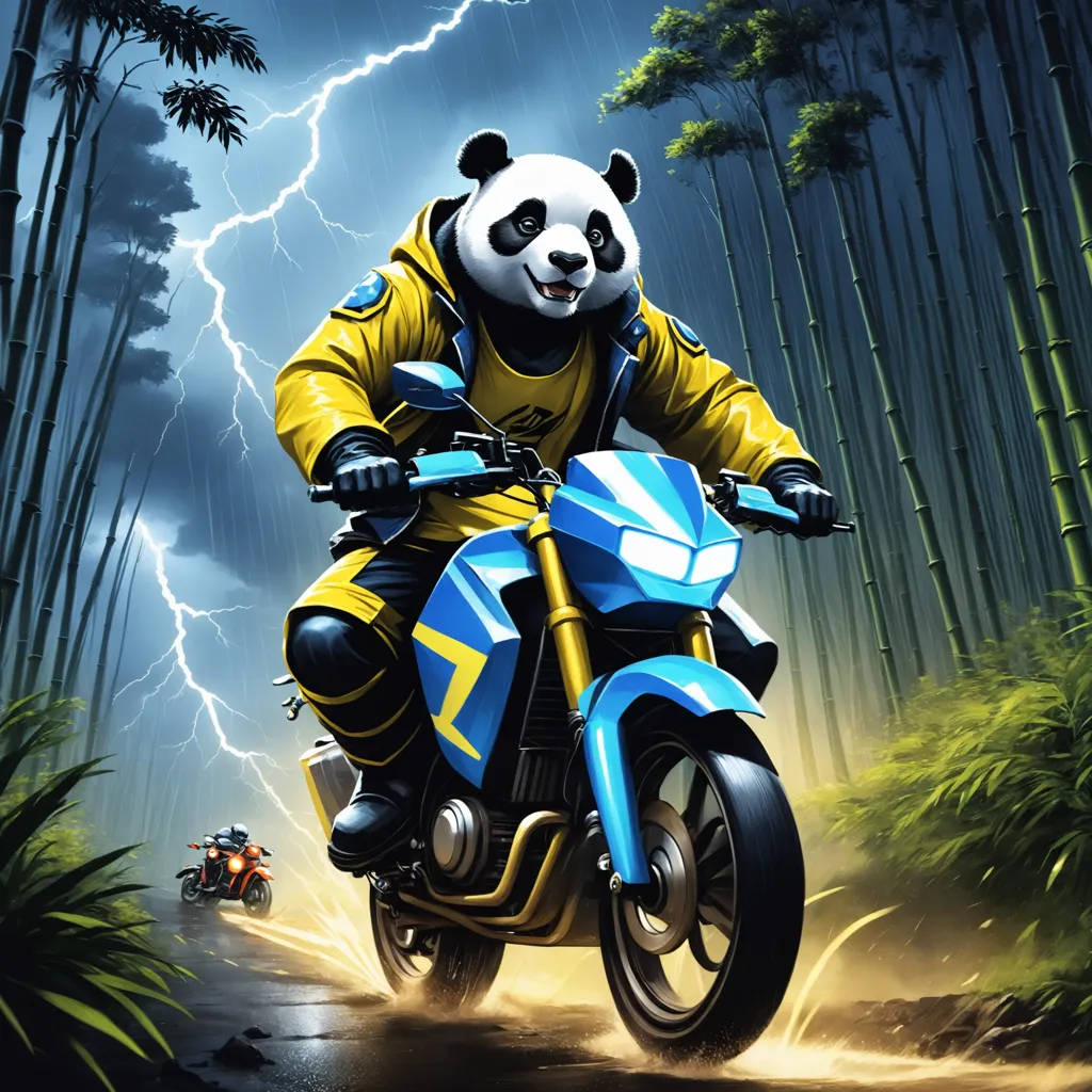 A panda is riding a motorcycle through a bamboo forest. The panda is wearing a yellow jacket and black pants. The motorcycle is blue and black. The panda is riding in the rain. There is a lightning bolt in the background. The panda is riding towards the viewer.