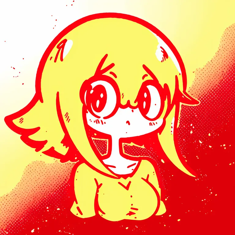 This is an illustration of a girl with yellow hair and red eyes. She is wearing a yellow shirt and has a surprised expression on her face. The background is red and yellow, and there are some red dots around her.