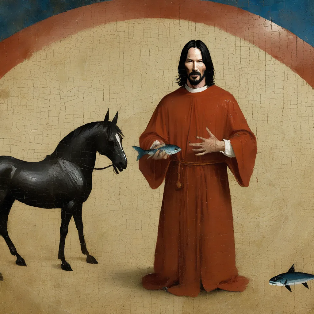 The image shows Keanu Reeves with long dark hair and a beard, wearing a red robe with a white sash. He is standing in front of a black horse, holding a fish in his left hand and his right hand is extended towards the horse. The background is a cracked, sandy color with a peach-colored circle behind Reeves. There is another fish on the ground near the horse's hooves.