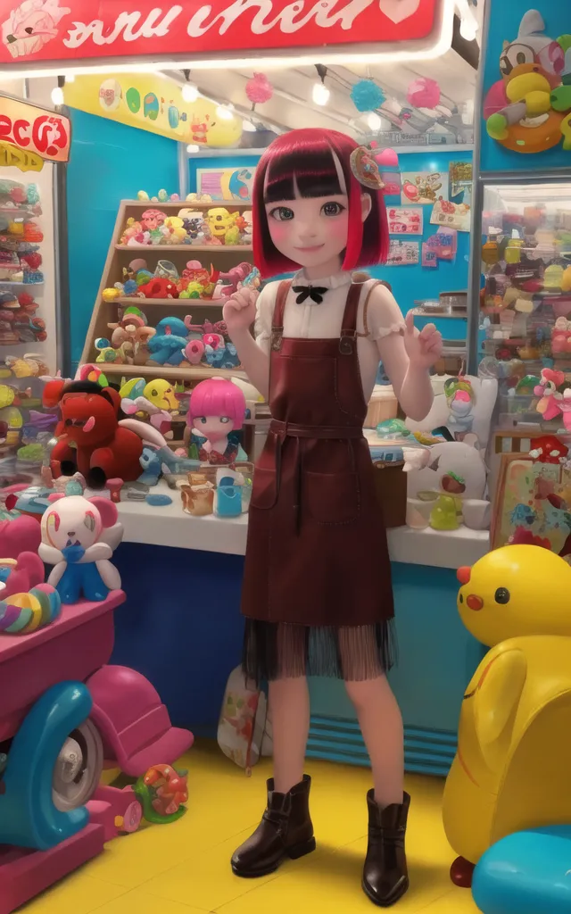 This is an image of a young girl standing in a toy store. She has short red hair and is wearing a white blouse, a brown skirt, and a black apron. The store is full of colorful toys, including stuffed animals, dolls, and games. The girl is smiling and looks happy to be in the store.