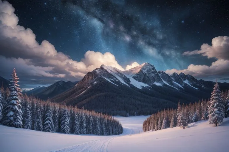 The image is a beautiful winter landscape. The snow-capped mountains are in the distance, and the foreground is a snowy forest. The sky is dark, and the stars are out. There is a long ski run in the middle of the snow