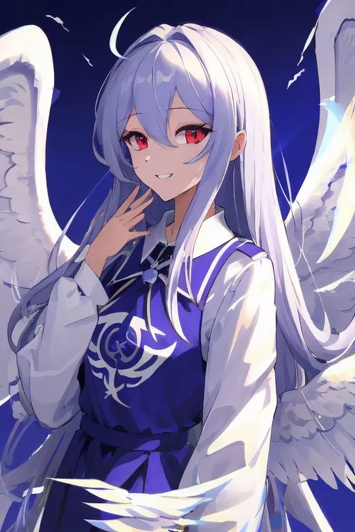 This is an image of an anime-style girl with long white hair and red eyes. She is wearing a blue and white dress with a white collar. She has a gentle smile on her face and is looking at the viewer. She has two large white wings that are spread out behind her.