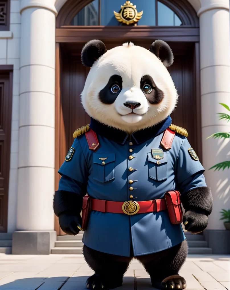 The image shows a giant panda standing on its hind legs, dressed in a blue and gray police uniform with a red sash and a badge on its chest. It has a friendly expression on its face and is looking at the viewer. The background is a blurred image of a city street with a building in the distance.