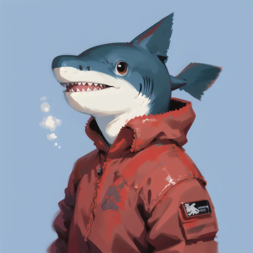 This image shows a shark wearing a red jacket. The shark has its mouth open and is showing its teeth. It is looking to the left of the frame. The shark is wearing a red jacket with a hood. The jacket has a white patch on the sleeve with the words "SHARK" written on it. The shark also has a black beanie on its head.