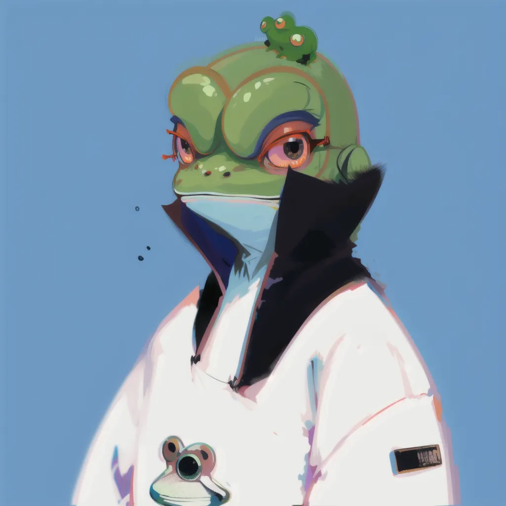 The image shows a humanoid frog wearing a white shirt with a black collar. The frog has a large head with three small frogs on top of it. The frog is looking at the viewer with its big, red eyes. The frog has a serious expression on its face.